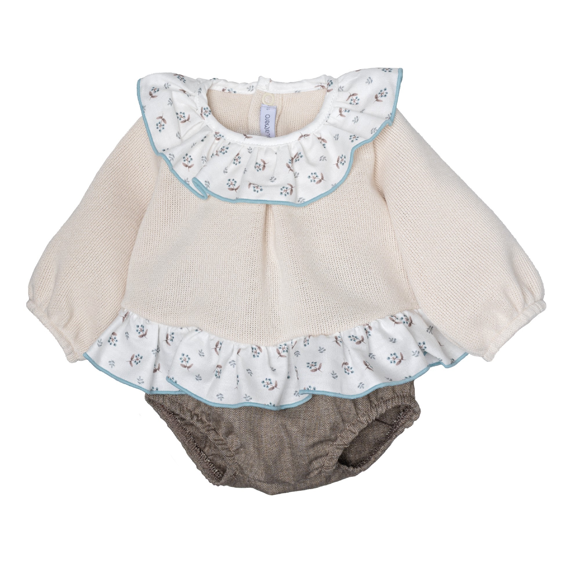 Conjunto pololo bebe Calamaro Borden punto crudo blusa flores azul marron ribete azul claro pololo espiga marron 1 mes