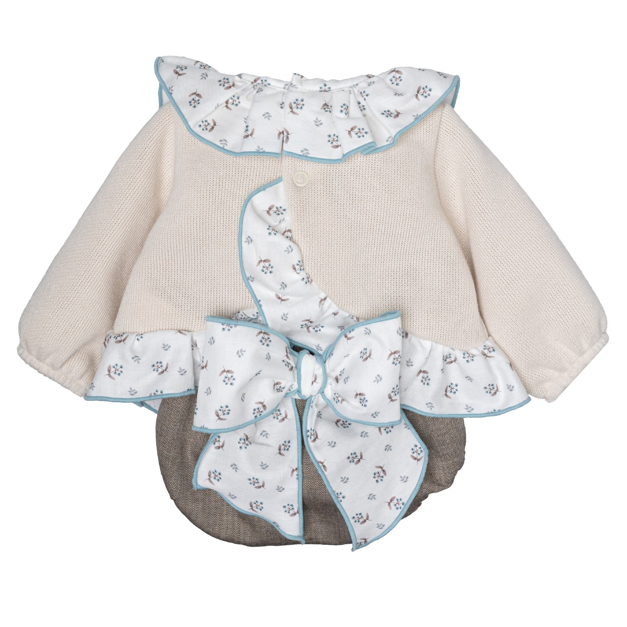 Conjunto pololo bebe Calamaro Borden punto crudo blusa flores azul marron ribete azul claro pololo espiga marron 1 mes Conjunto pololo bebe Calamaro Borden punto crudo blusa flores azul marron ribete azul claro pololo espiga marron 1 mes