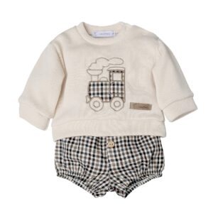 Conjunto pololo bebe Calamaro Borden punto crudo tren bordado cuadros vichy marron blanco pololo vichy 1 mes