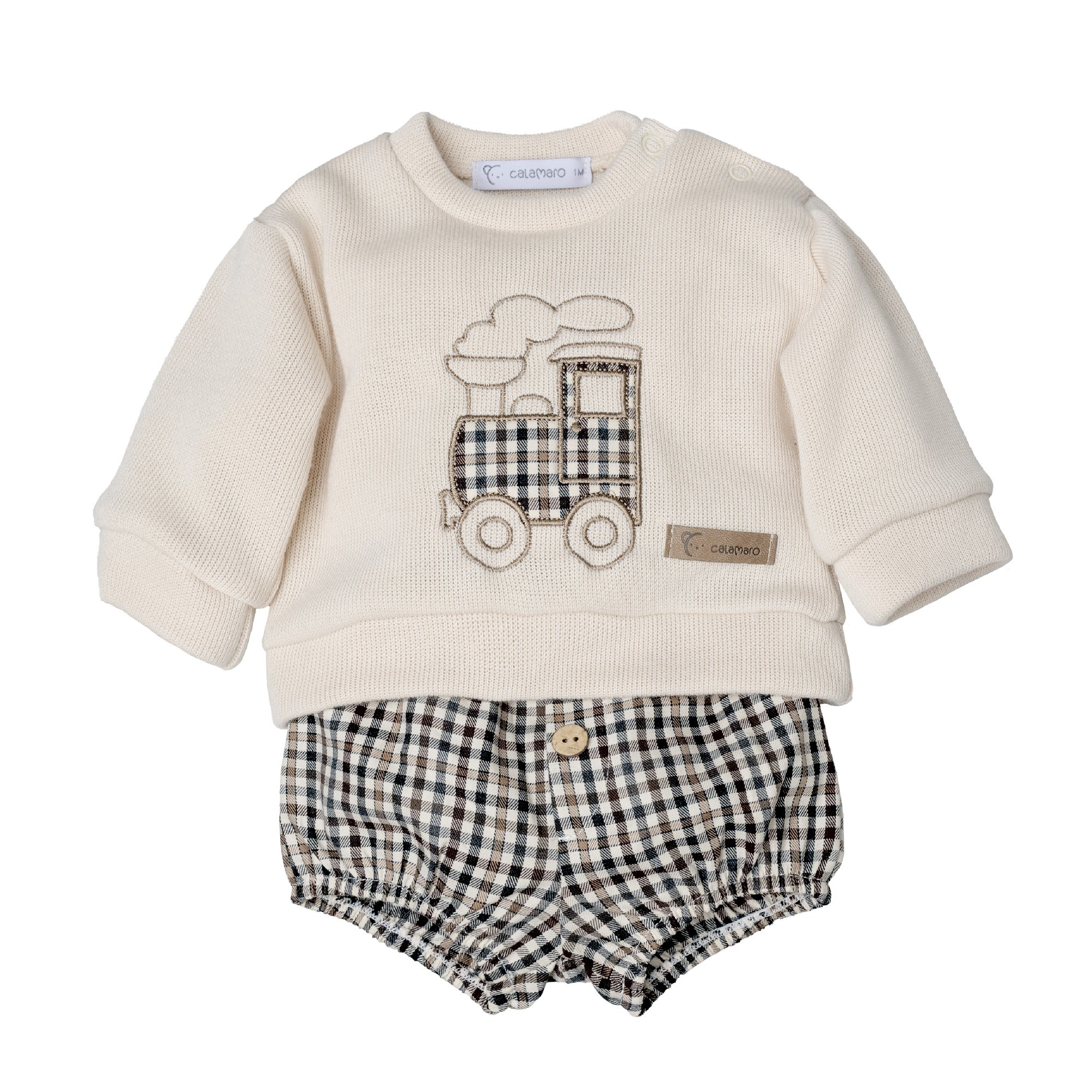 Conjunto pololo bebe Calamaro Borden punto crudo tren bordado cuadros vichy marron blanco pololo vichy 1 mes