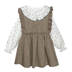 Vestido nina pichi espiga marron blusa blanca estampado flores azules marrones cuello volante ribete azul claro