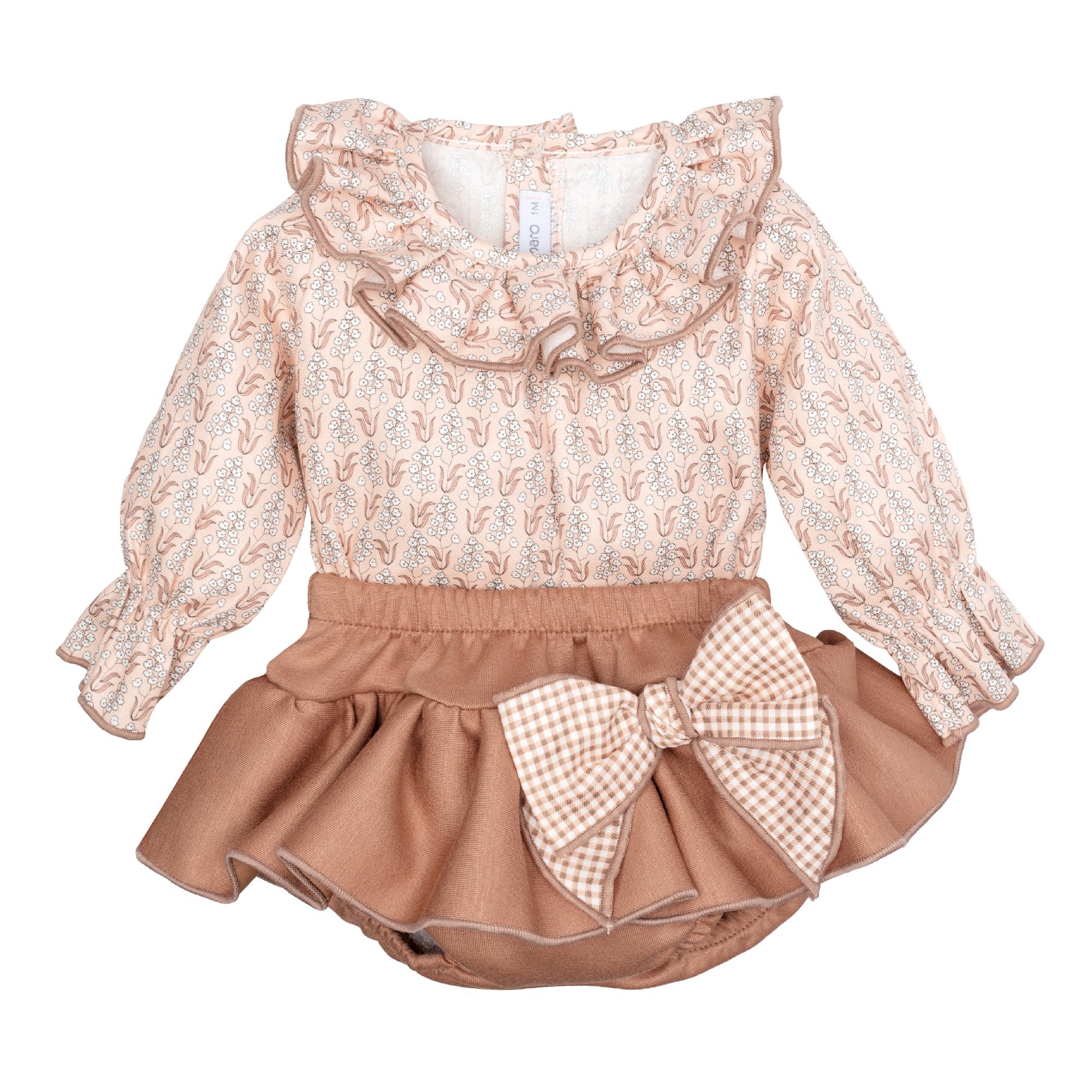 Conjunto pololo bebe Calamaro Meira blusa manga larga rosa empolvado estampado floral blanco marron cuello volante pololo marron lazo cuadros vichy