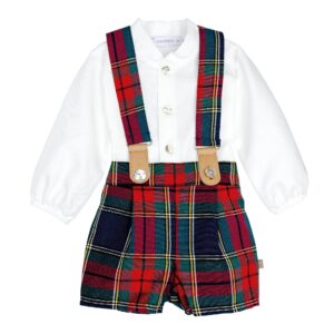 Conjunto pololo nino Calamaro Navia camisa blanca cuello bebe botones pololo tartán escocés rojo verde azul amarillo tirantes piel sintetica camel botones madera
