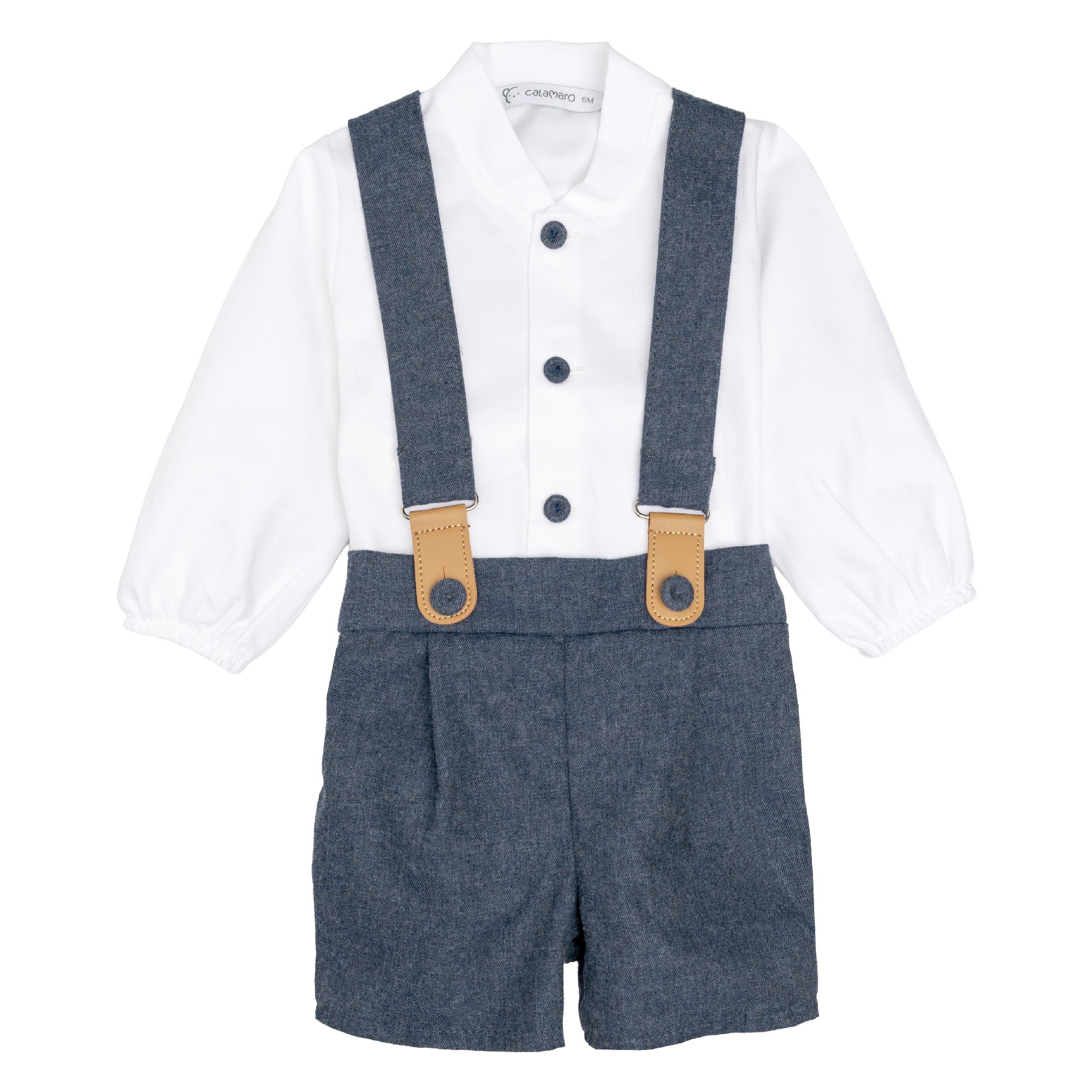 Conjunto pololo bebe Calamaro camisa blanca cuello redondo botones azules pololo azul marino denim pliegues tirantes anchos piel sintetica camel 6 mese Conjunto pololo bebe Calamaro camisa blanca cuello redondo botones azules pololo azul marino denim pliegues tirantes anchos piel sintetica camel 6 mese