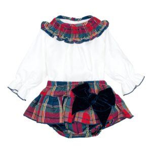 Conjunto pololo bebe Calamaro Navia blusa blanca cuello fruncido tartán escocés rojo verde azul amarillo mangas puño volante ribete azul oscuro pololo lazo terciopelo azul marino