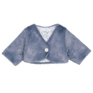 Chaqueta bebe Calamaro Naron pelo sintetico azul grisaceo brillo cuello V boton blanco forro estampado floral hojas azul blanco 1 mes