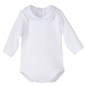 Body bebe manga larga blanco cuello babero bordado azul claro botones a presion