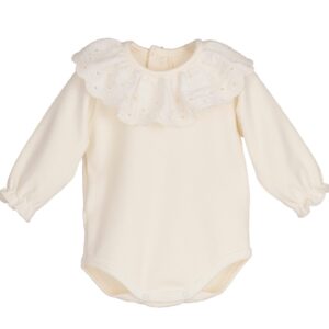 Body bebe manga larga blanco roto crema cuello babero volante plumeti bordado perforado puños elasticos botones a presion