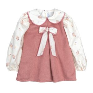 Vestido nina Calamaro Grove pichi rosa empolvado teja mangas cuello bebe blanco roto estampado cruces flores beige rosa lazo decorativo