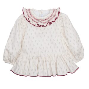 Vestido bebe Calamaro Cangas blanco roto estampado ramitas verdes rojizas cuello redondo bordado smock granate ribete granate mangas abullonadas volante fruncido