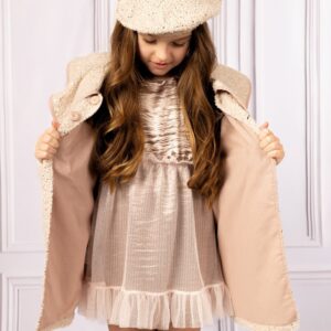 Vestido nina fiesta cuerpo satinado brillante oro rosado bronce mangas abullonadas falda tul purpurina destellos rosa empolvado beige volantes fruncidos lazo a juego
