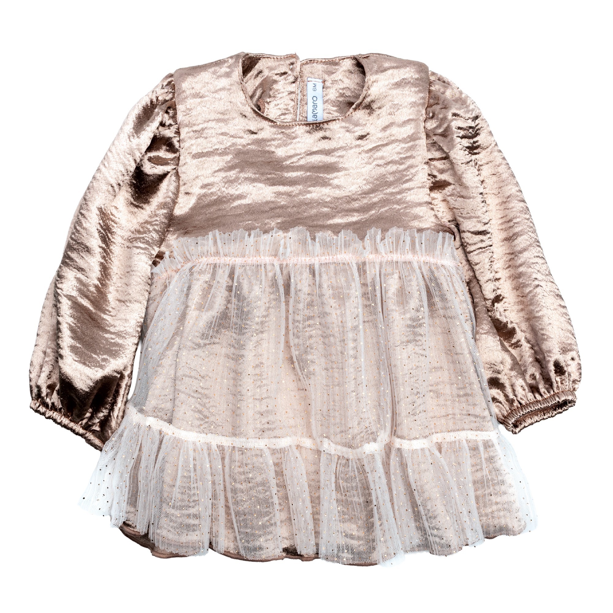 Vestido nina fiesta cuerpo satinado brillante oro rosado bronce mangas abullonadas falda tul purpurina destellos rosa empolvado beige volantes fruncidos lazo a juego Vestido nina fiesta cuerpo satinado brillante oro rosado bronce mangas abullonadas falda tul purpurina destellos rosa empolvado beige volantes fruncidos lazo a juego
