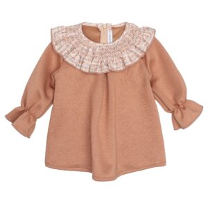 Vestido nina Calamaro Meira punto liso rosa empolvado cuello volante fruncido estampado floral rosado blanco mangas puños volantes cremallera trasera 12 meses a 6 anos