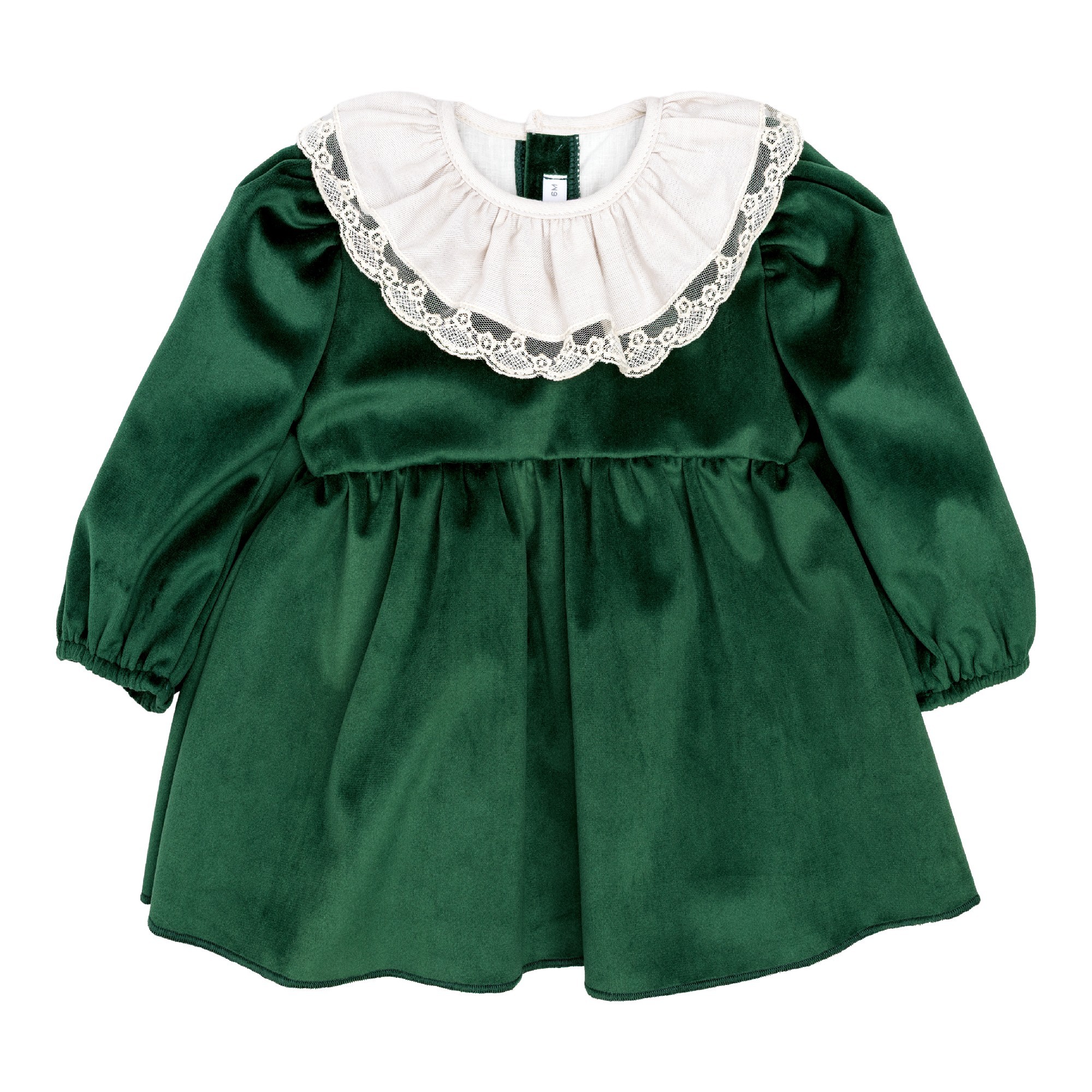 Vestido bebe Calamaro Castro terciopelo verde botella cuello redondo volante fruncido blanco roto crema encaje blanco mangas largas abullonadas 6 meses. Vestido bebe Calamaro Castro terciopelo verde botella cuello redondo volante fruncido blanco roto crema encaje blanco mangas largas abullonadas 6 meses.