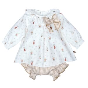 Conjunto bebe Calamaro blusa animalitos conejitos ratoncitos instrumentos lazo cuadros vichy braguita volantes algodon