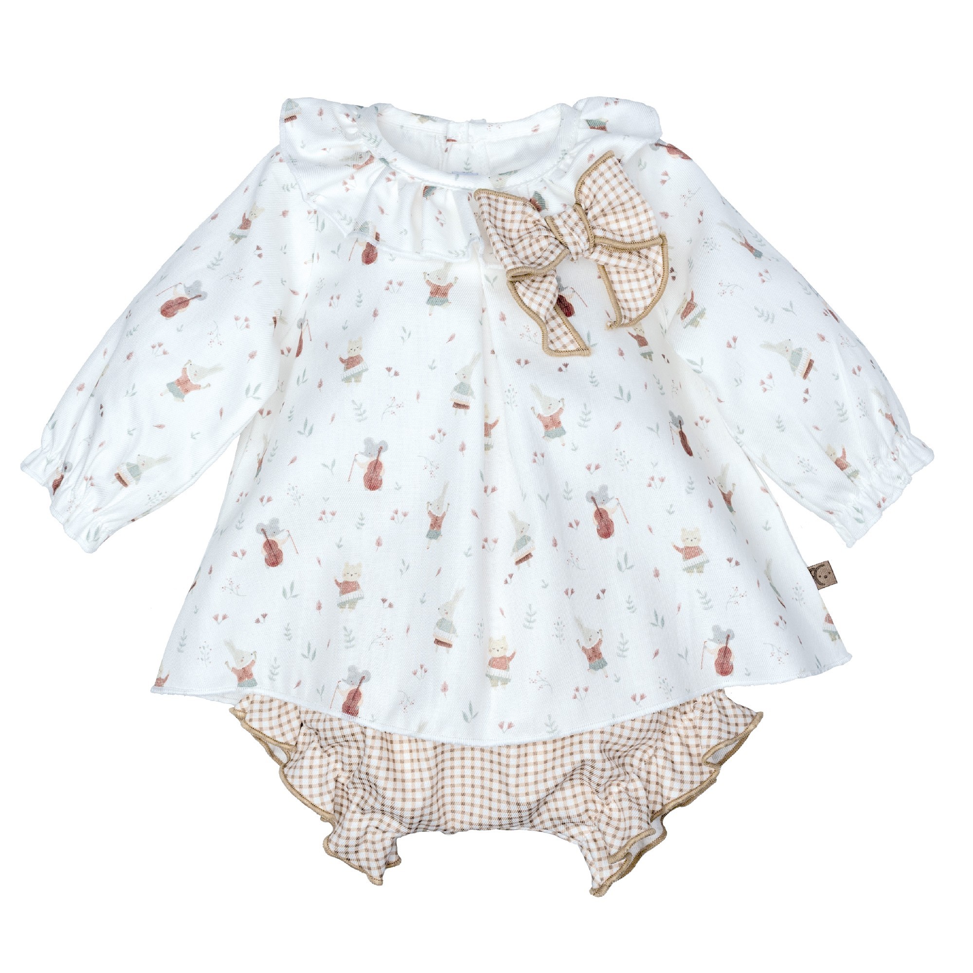 Conjunto bebe Calamaro blusa animalitos conejitos ratoncitos instrumentos lazo cuadros vichy braguita volantes algodon