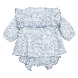 Jesusito bebe Calamaro Naron blanco roto estampado floral vegetal azul blanco cuello redondo volantes fruncidos ribete azul mangas abullonadas pololo volantes 1 mes