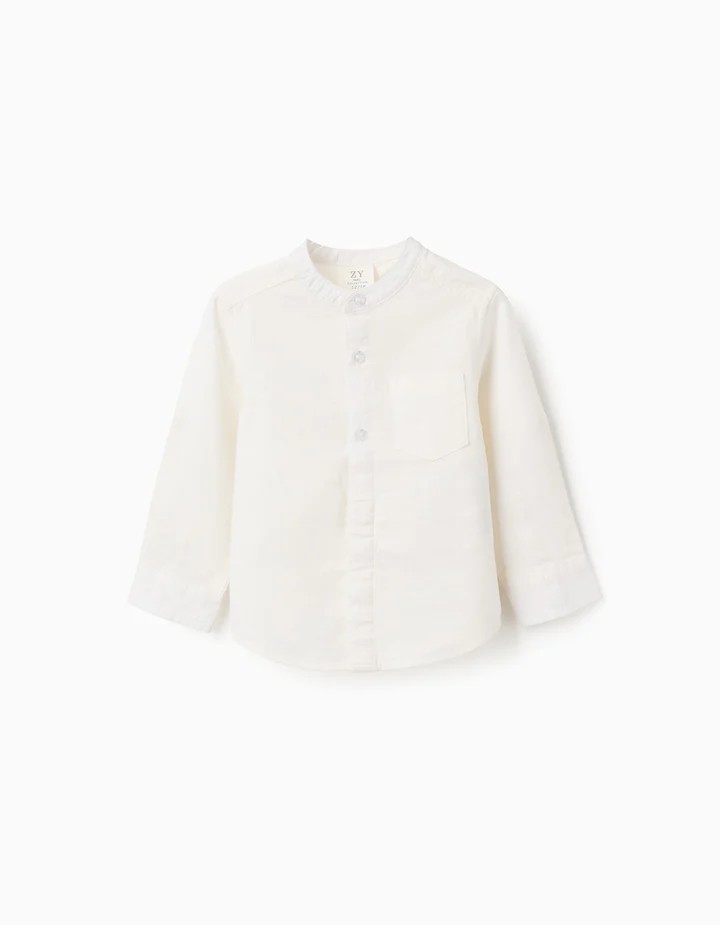 Camisa bebé niño manga larga blanca lino algodón cuello Mao bolsillo pecho botones ocultos mangas enrollables