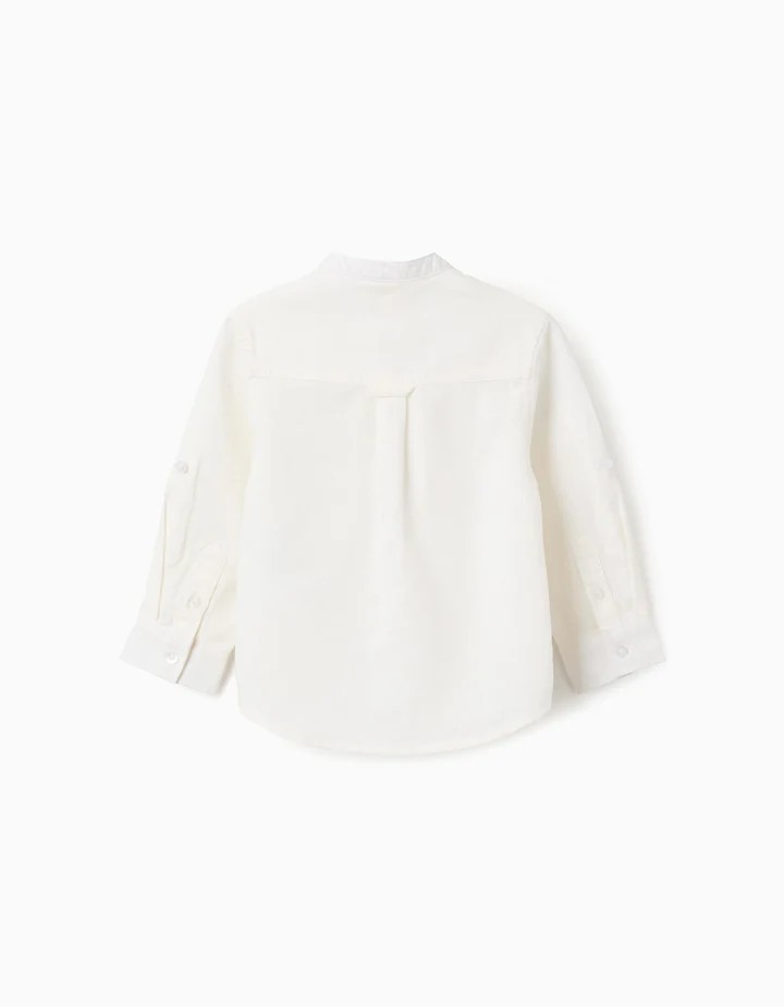 Camisa bebé niño manga larga blanca lino algodón cuello Mao bolsillo pecho botones ocultos mangas enrollables