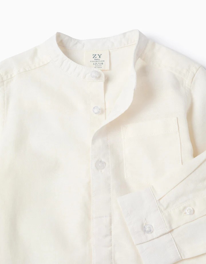 Camisa bebé niño manga larga blanca lino algodón cuello Mao bolsillo pecho botones ocultos mangas enrollables