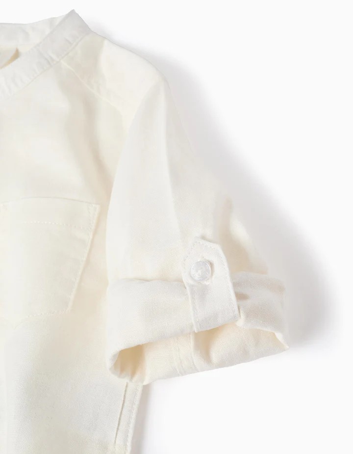 Camisa bebé niño manga larga blanca lino algodón cuello Mao bolsillo pecho botones ocultos mangas enrollables