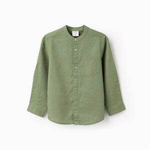 Camisa niño manga larga verde lino algodón cuello Mao bolsillo pecho botones ocultos mangas enrollables Big Me