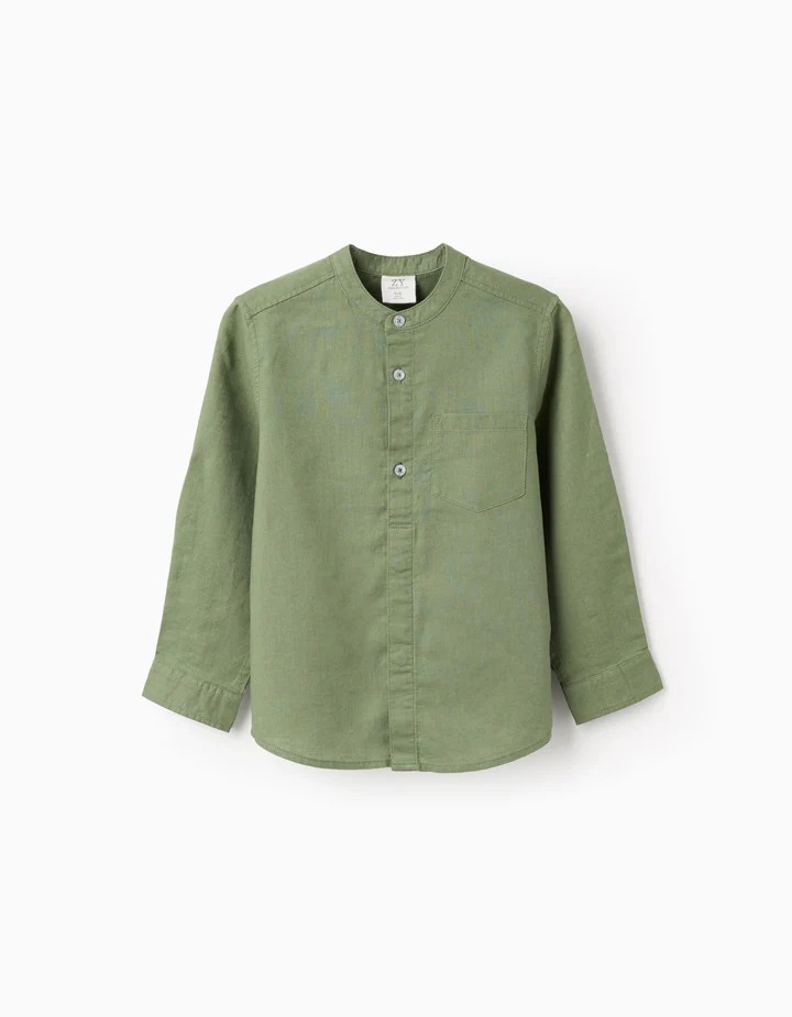 Camisa niño manga larga verde lino algodón cuello Mao bolsillo pecho botones ocultos mangas enrollables Big Me