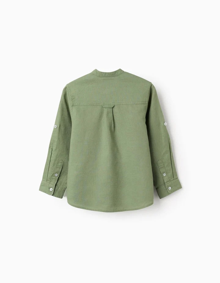 Camisa niño manga larga verde lino algodón cuello Mao bolsillo pecho botones ocultos mangas enrollables Big Me