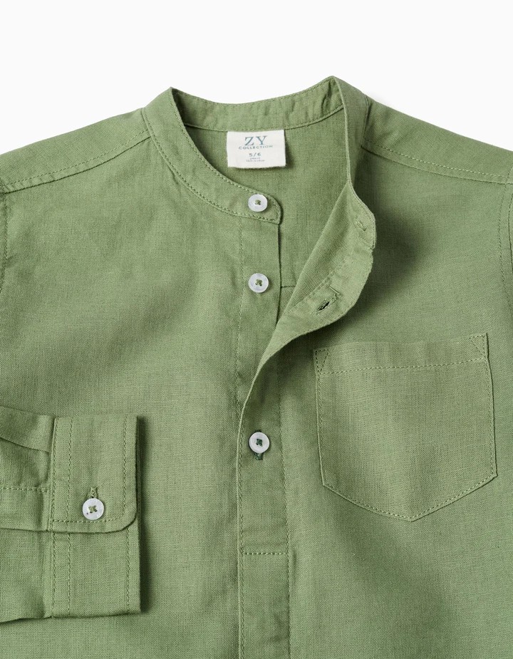 Camisa niño manga larga verde lino algodón cuello Mao bolsillo pecho botones ocultos mangas enrollables Big Me