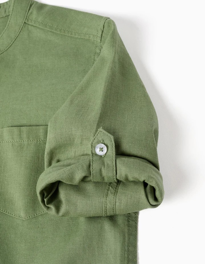Camisa niño manga larga verde lino algodón cuello Mao bolsillo pecho botones ocultos mangas enrollables Big Me