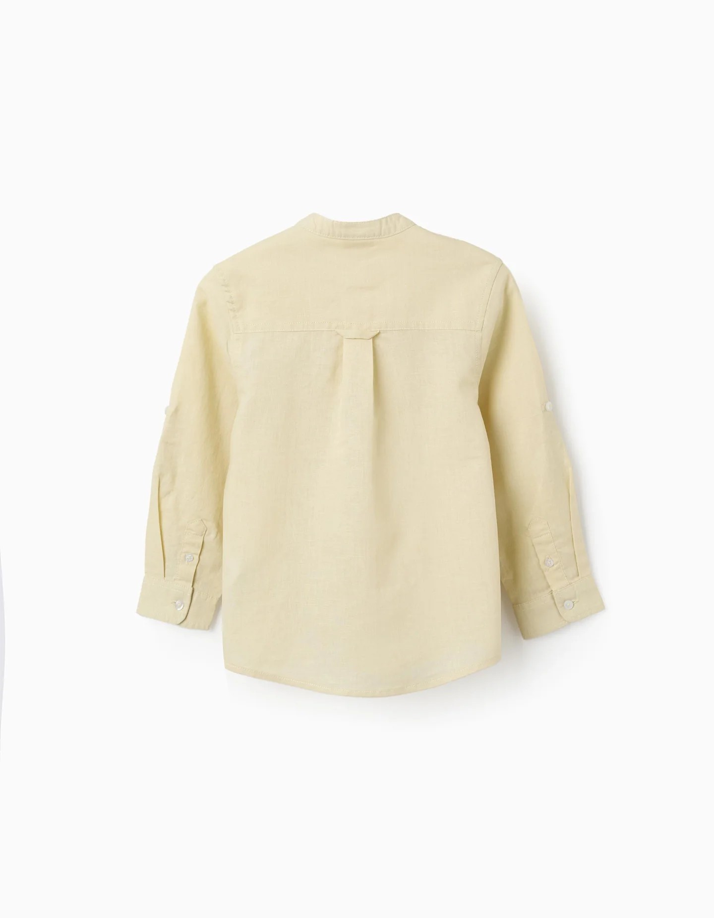 Camisa niño manga larga verde lima lino algodón cuello Mao bolsillo pecho botones ocultos mangas enrollables Big Me