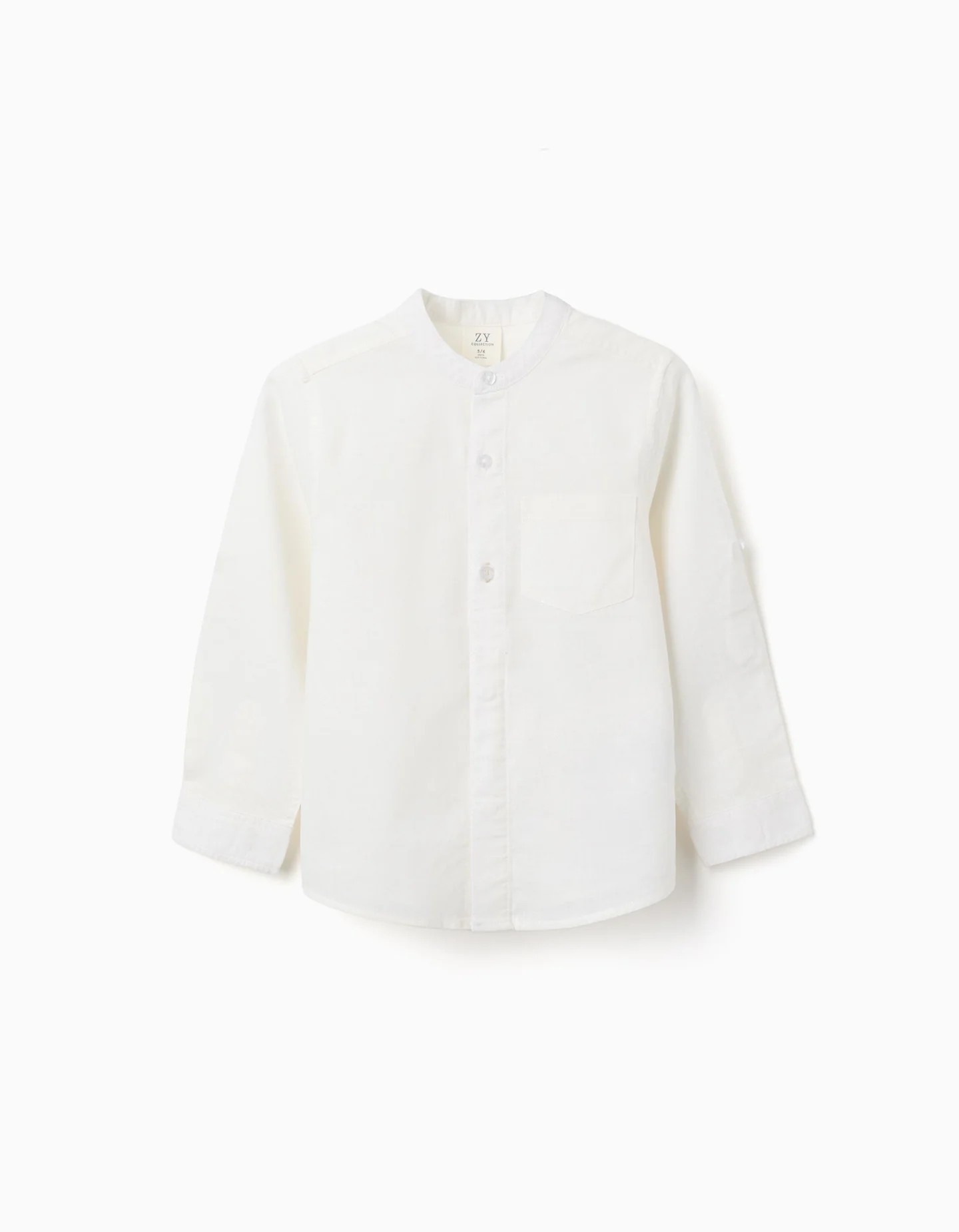 Camisa niño manga larga blanca lino algodón cuello Mao bolsillo pecho botones ocultos mangas enrollables Big Me