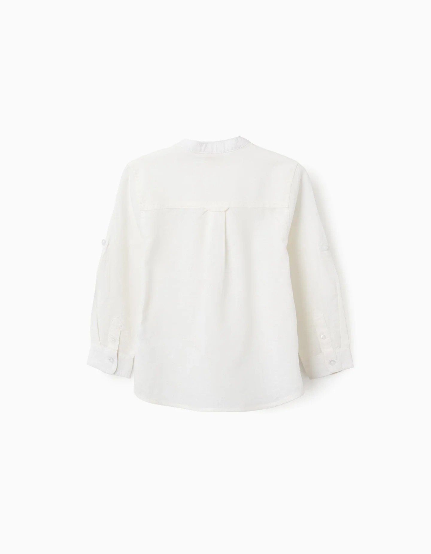 Camisa niño manga larga blanca lino algodón cuello Mao bolsillo pecho botones ocultos mangas enrollables Big Me