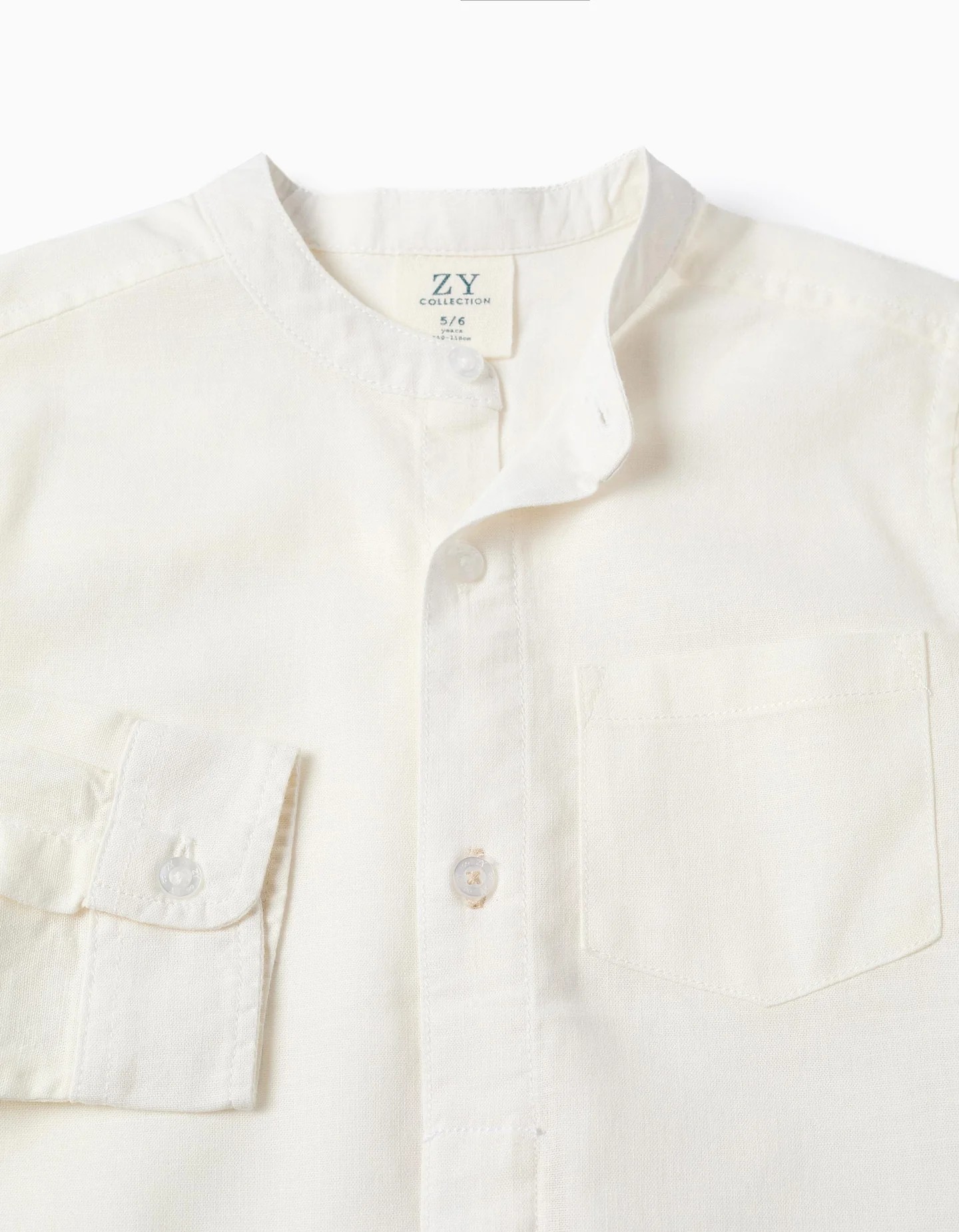 Camisa niño manga larga blanca lino algodón cuello Mao bolsillo pecho botones ocultos mangas enrollables Big Me