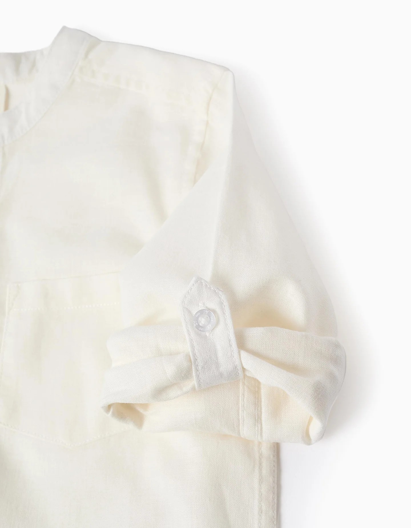 Camisa niño manga larga blanca lino algodón cuello Mao bolsillo pecho botones ocultos mangas enrollables Big Me