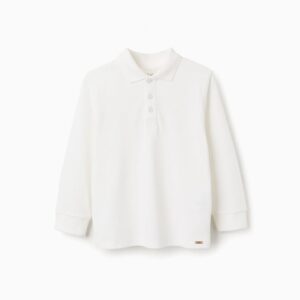 Polo niño manga larga blanco piqué algodón 100% cuello polo tapeta botones puños acanalados etiqueta estampada Oeko-Tex Standard 100