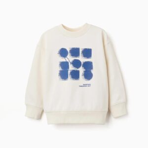 Sudadera niño beige claro 100% algodón estampado abstracto azul Dancing Through Art relieve hombros caidos puños acanalados bajo acanalado