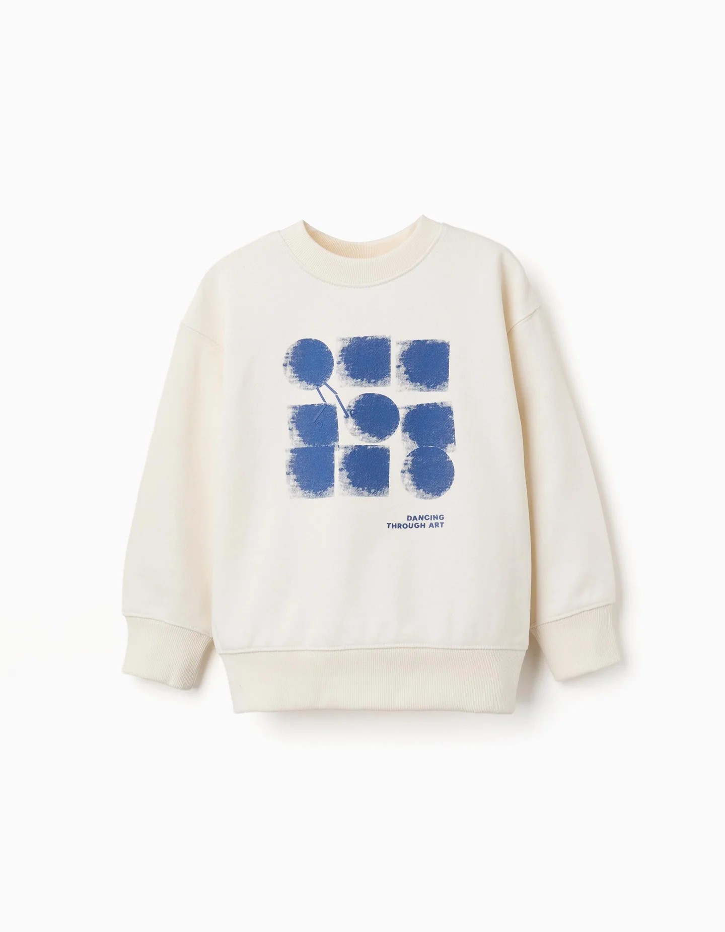 Sudadera niño beige claro 100% algodón estampado abstracto azul Dancing Through Art relieve hombros caidos puños acanalados bajo acanalado