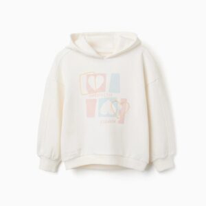 Sudadera niña blanca capucha corazones coloridos azul claro rosa amarillo cordón hombros caidos puños acanalados bajo acanalado algodón elastano