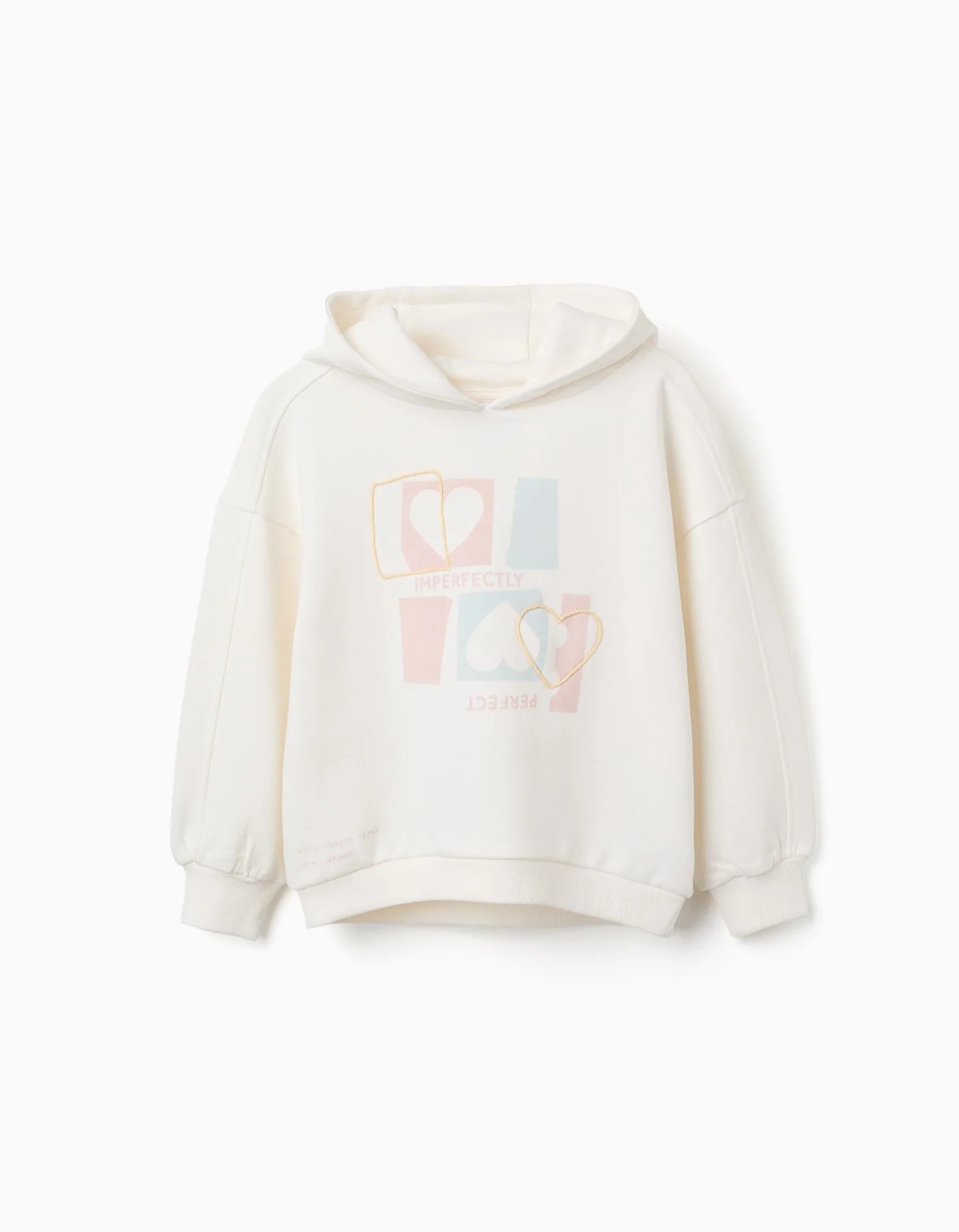Sudadera niña blanca capucha corazones coloridos azul claro rosa amarillo cordón hombros caidos puños acanalados bajo acanalado algodón elastano