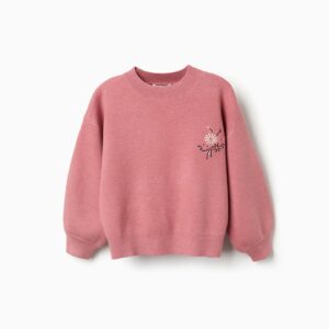 Jersey niña 3-14 años rosa punto suave puntada Milano flores bordadas pecho hombros caidos mangas abullonadas puños acanalados