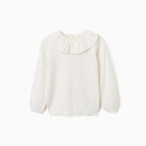 Jersey bebé niña blanco punto suave cuello volante botón espalda puños acanalados dobladillo acanalado
