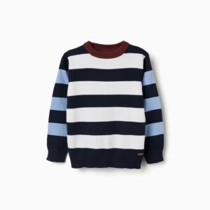 Jersey niño punto mezcla algodón diseño bloque colores rayas azul claro oscuro blanco marrón cuello puños acanalados bajo acanalado etiqueta decorativa