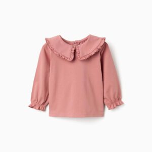 Camiseta bebé niña manga larga rosa empolvado cuello puritano volantes puños elásticos botón espalda algodón elastano Zippy