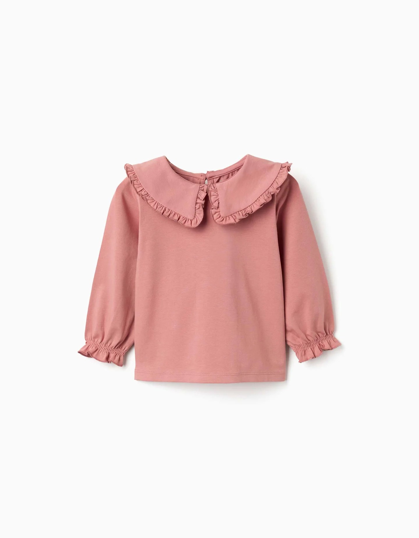 Camiseta bebé niña manga larga rosa empolvado cuello puritano volantes puños elásticos botón espalda algodón elastano Zippy