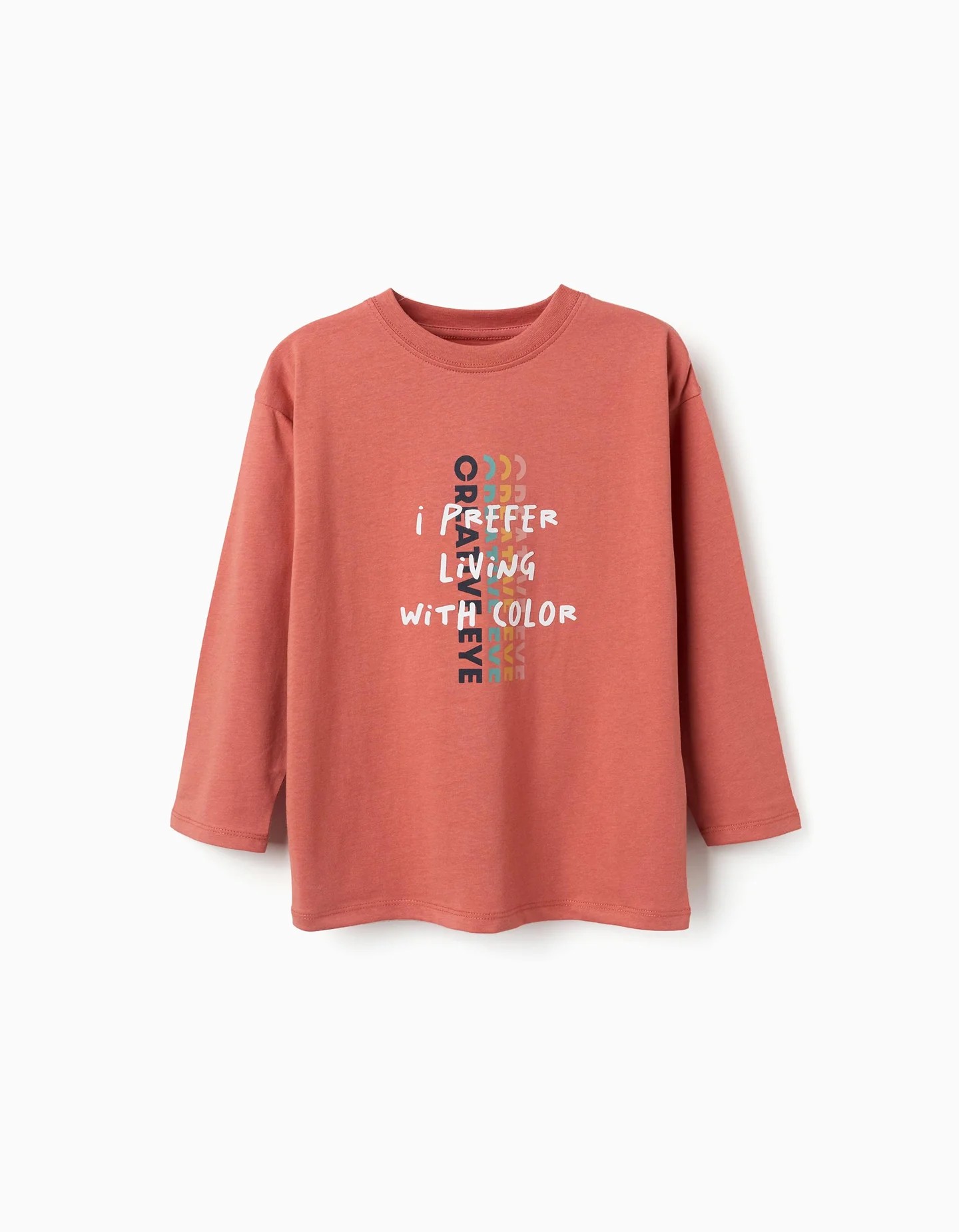 Camiseta niño manga larga terracota 100% algodón estampado I Prefer Living With Color Creative Eye hombros caidos cuello acanalado etiqueta estampada Oeko-Tex Standard 100