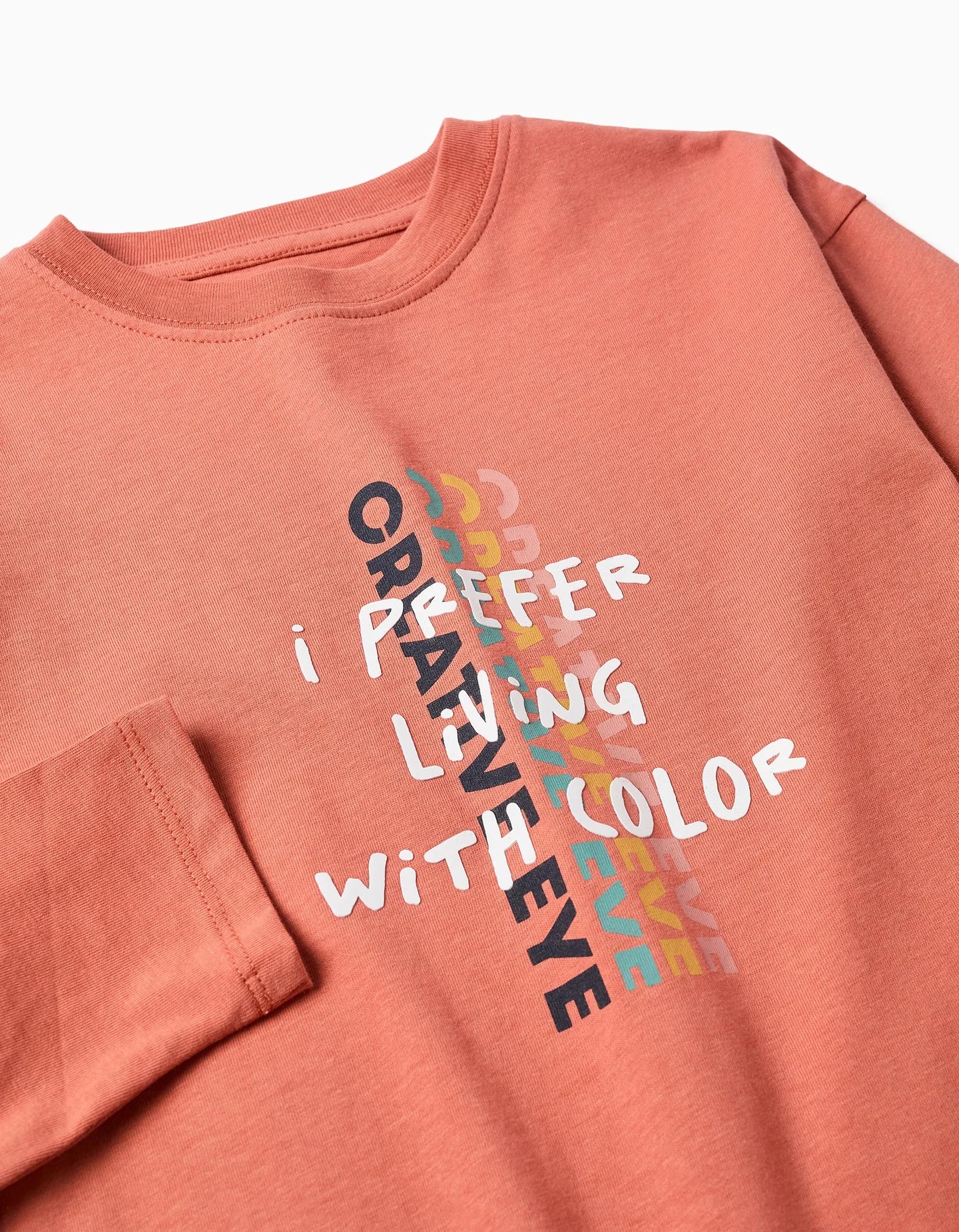 Camiseta niño manga larga terracota 100% algodón estampado I Prefer Living With Color Creative Eye hombros caidos cuello acanalado etiqueta estampada Oeko-Tex Standard 100