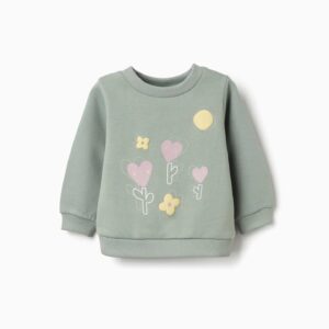 Sudadera bebé niña verde oscuro estampado flores corazones algodón perchado mangas abullonadas extremos acanalados aberturas laterales