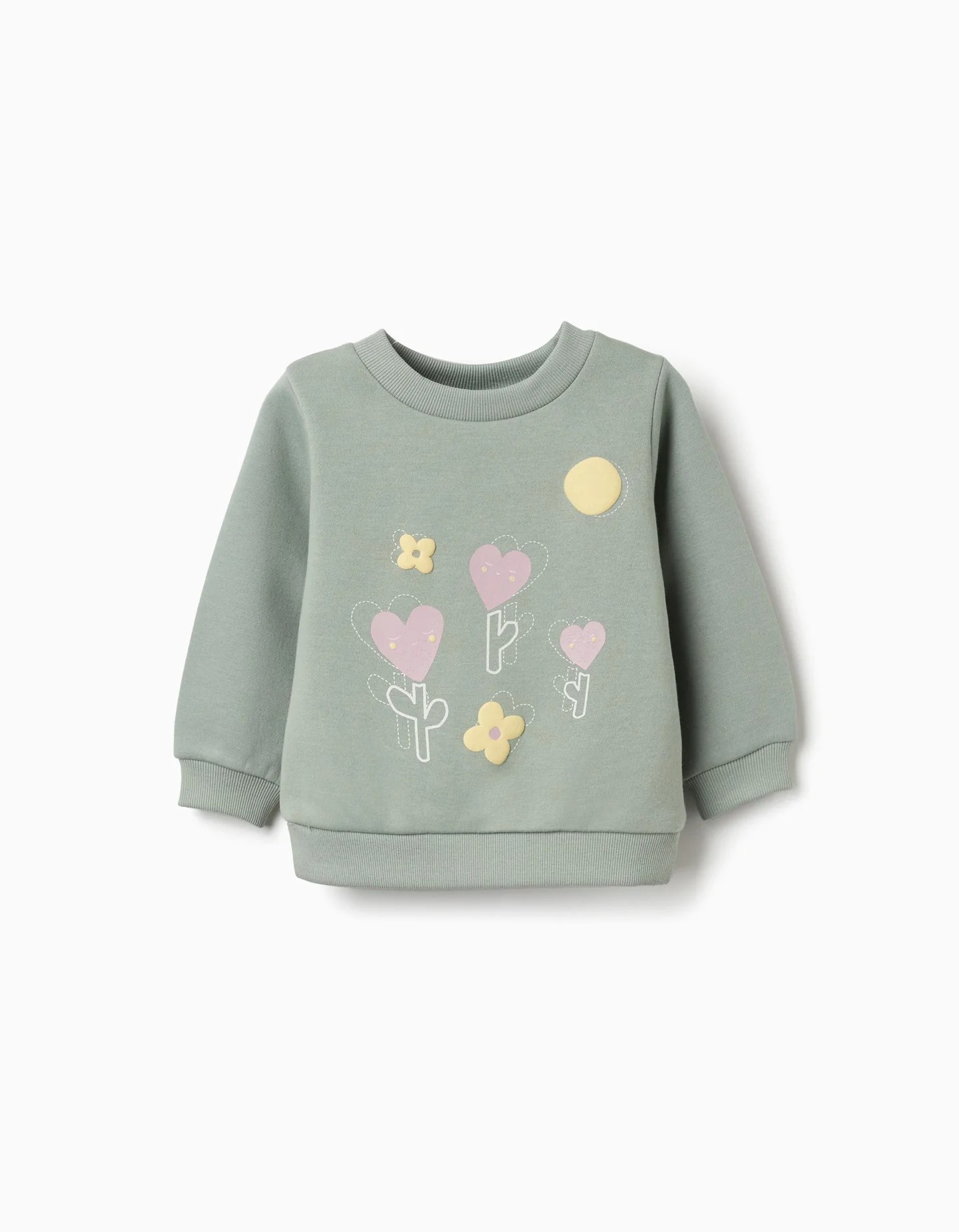 Sudadera bebé niña verde oscuro estampado flores corazones algodón perchado mangas abullonadas extremos acanalados aberturas laterales