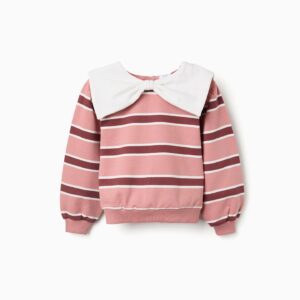 Sudadera niña rayas rosa empolvado granate burdeos blanco roto cuello babero blanco lazo mangas abullonadas puños elasticos bajo elastico